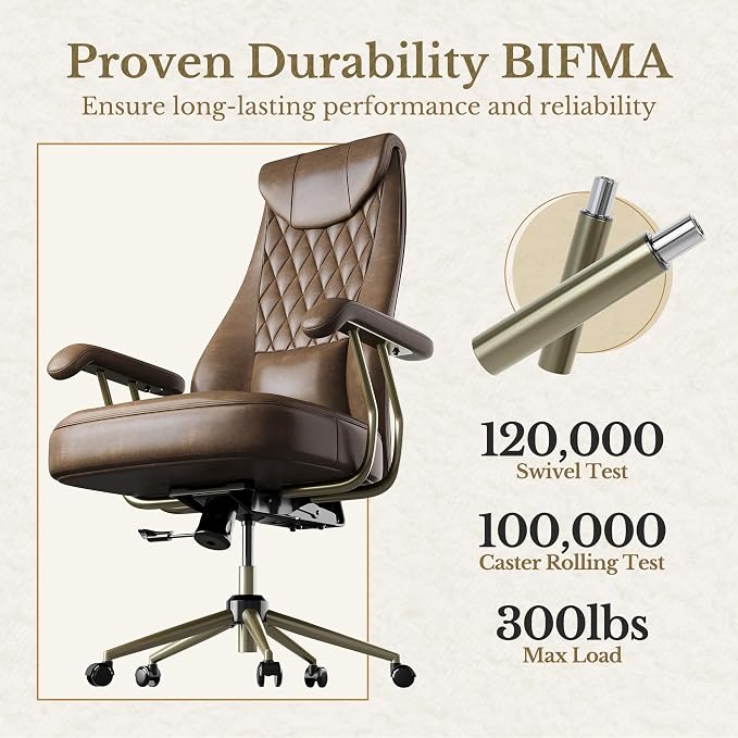 High Back Executive Office Chair, Ergonomic PU Leather Desk Chair with Integrated Headrest, Lumbar Support & Recline Function, Adjustable Swivel Computer Chair for Home Office, Brown