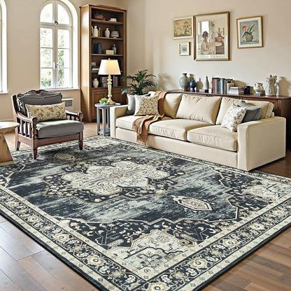 Lofus 5x7 Washable Rugs Non-Slip, Vintage Floral Area Rug for Living Room Bedroom Dining Room Kitchen, Low Pile Distress Print Medallion Carpet Home Decor Rug, Black Beige