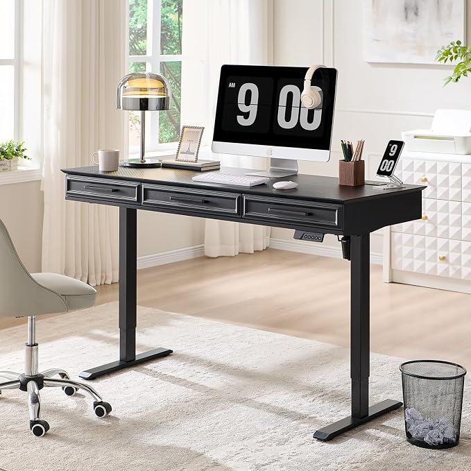Electric Standing Desk with 3 Storage Drawers, 55x22 Inch Wood Adjustable Height Computer Desk w/One-Piece Desktop, Sit to Stand Up,Power Outlets, Gaming Table for Home Office and Study, Black