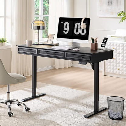 Electric Standing Desk with 3 Storage Drawers, 55x22 Inch Wood Adjustable Height Computer Desk w/One-Piece Desktop, Sit to Stand Up,Power Outlets, Gaming Table for Home Office and Study, Black