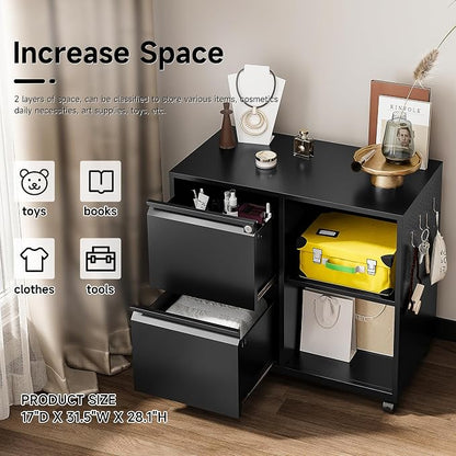 SISESOL 2 Drawer File Cabinet with Lock and Shelf,Mobile Lateral Filing Cabinet,Metal Filing Cabinets with Open Storage Shelves Organizer for Home Office Fit Legal/Letter A4 Size (Black)