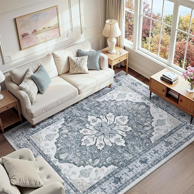 RELEANY Area Rugs 6'x9' Washable Non-Slip, Floral Vintage Distress Medallion Carpet for Living Room Bedroom Dining Room, Light Gray Grey White