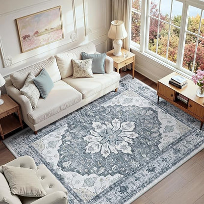 RELEANY Area Rugs 6'x9' Washable Non-Slip, Floral Vintage Distress Medallion Carpet for Living Room Bedroom Dining Room, Light Gray Grey White