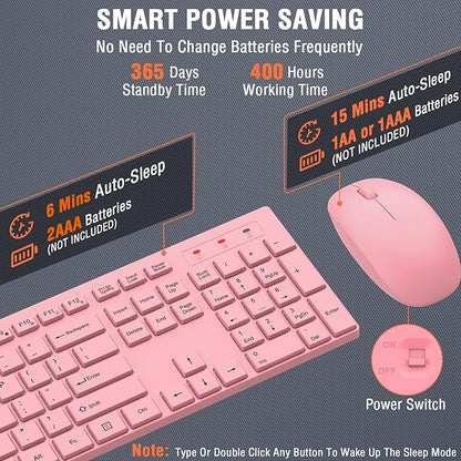 Wireless Keyboard and Mouse Combo, EDJO Silent Full Size Cordless USB Keyboard Mouse, 2.4GHz Lag-Free, Long Battery Life, for Computer, Laptop, PC, Chromebook, Windows (Pink, 1 Pack)