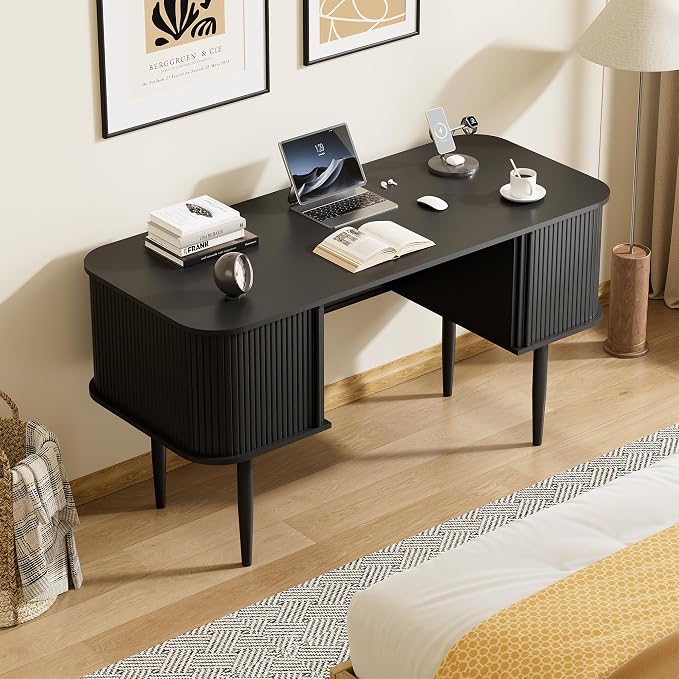 Furniway 55" Modern Writing Desk with Sliding Doors, Wood Home Office Desk with Storage, Computer Desk for Study, Living Room, Dorm, Black