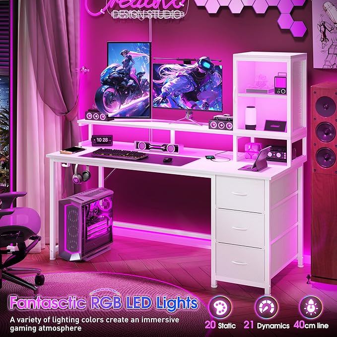DurayLoly 55" White Computer Desk with 2 Acrylic Cabinet & 3 Fabric Drawers | Integrates Ample Storage & Display, Great Fit for Small Spaces, Outlets Suitable for Studying, Working & Gaming Equipments