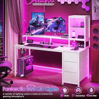 DurayLoly 55" White Computer Desk with 2 Acrylic Cabinet & 3 Fabric Drawers | Integrates Ample Storage & Display, Great Fit for Small Spaces, Outlets Suitable for Studying, Working & Gaming Equipments