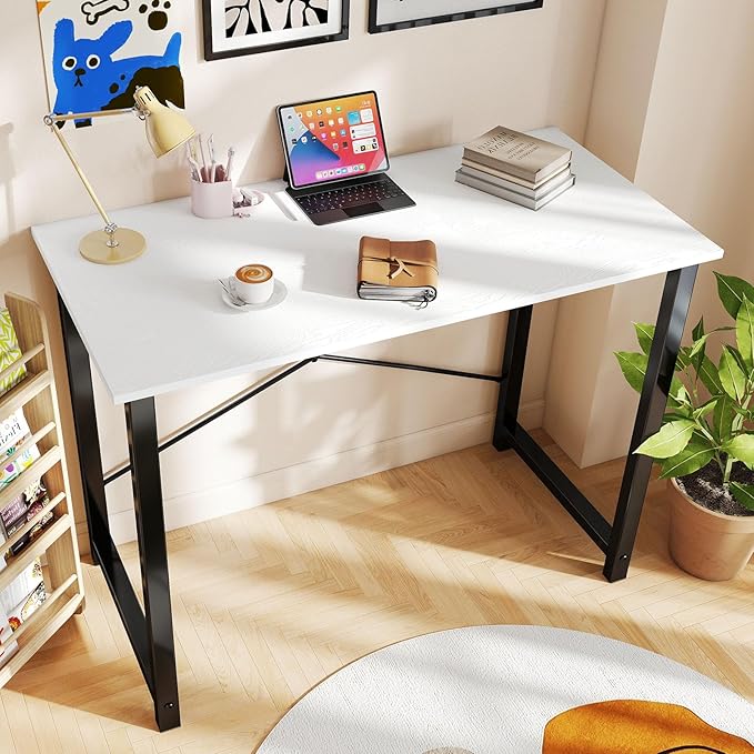 OLIXIS 55 Inch Computer Office Desk for Small Spaces, Writing Gaming Work Desk Modern Study Table with Metal Frame Home Bedroom, White