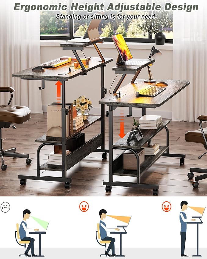 Height Adjustable Standing Desk with Power Outlets and LED Lights - 39" Manual Stand Up Desk with Monitor Stand and Storage Shelves Small Mobile Rolling Computer Desk Portable Laptop Table, Grey Oak