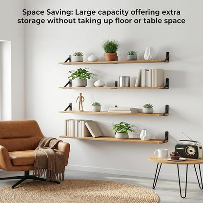 Long Wall Shelf,Large Floating Shelves for Wall,Wood Floating Bookshelves Hanging,Book Storage Display for Living Room Bedroom Office Bathroom Decor,4 Pack,47 Inch,Carbonized Black