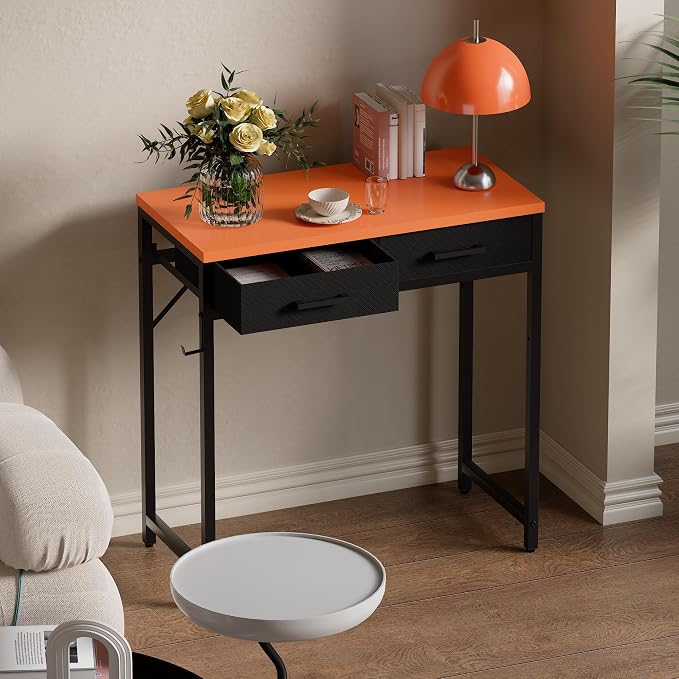 Pamray 32 Inch Small Computer Desk with 2 Drawers for Bedroom Study Writing Home Office Table for Small Spaces Orange
