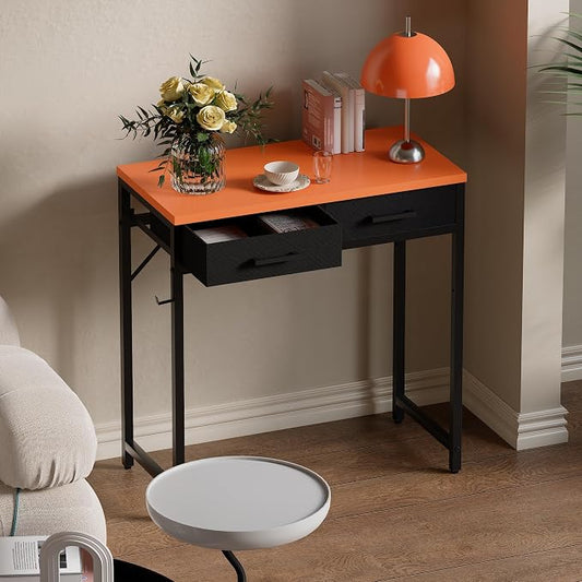 Pamray 32 Inch Small Computer Desk with 2 Drawers for Bedroom Study Writing Home Office Table for Small Spaces Orange