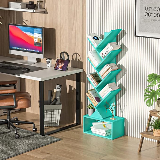 SHEEPAM 9 Tier Tree Bookshelf,Christmas Green Bookcase for Narrow Space, Storage Organizer Floor Standing Bookshelves for Books, Tall Book Case for Home Office, Living Room, Bedroom