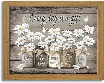 CXQILVER Framed Rustic Farmhouse Bathroom Wall Art, Vintage Daisy Flower and Butterfly Canvas Wall Decor, Inspirational Quote Country Floral Painting Poster for Bathroom Restroom Bedroom 8x10 Inch