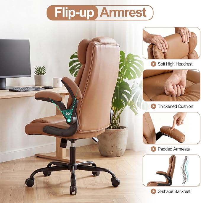 Office Desk Chair,Ergonomic Conference Room Chairs,Mid Back Executive Leather Chair,Comfy Computer Desk Chairs with Adjustable Flip-Up Arms and Rocking Function (Brown)