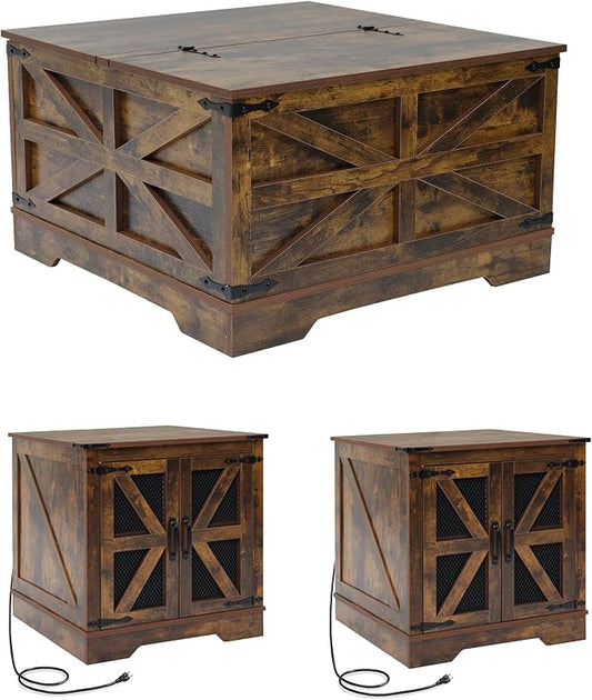 Farmhouse Coffee Table and End Table Sets of 3, 3 Piece Living Room Tables Set with Charging Station, Lift Top Coffees and 2 Large Side, Wood Furniture Sets with Storage, Brown