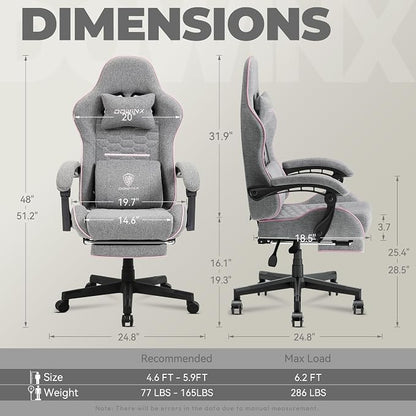 Dowinx Gaming Chair Fabric with Pocket Spring Cushion, Massage Game Chair Cloth with Headrest, Ergonomic Computer Chair with Footrest 290LBS, Pink and Grey