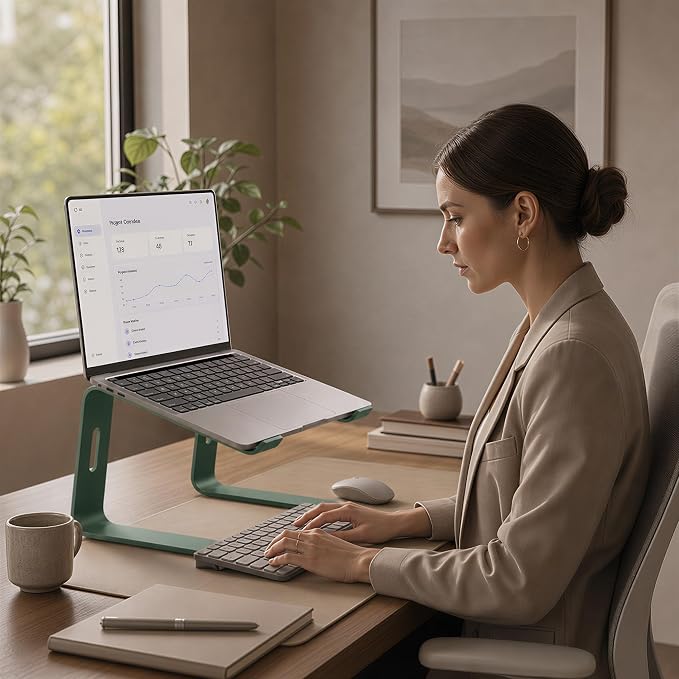 Orionstar Ergonomic Laptop Stand, Premium 5mm Aluminum Riser for 10-15.6 Inch Notebook Computer, Tool-Free Detachable Elevator Holder for Desk Office, Sturdy Riser for Eye-Level Neck Relief, Green