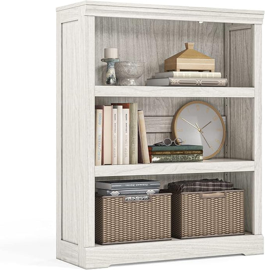 LINSY HOME 3-Tier Bookcase, Small Bookshelf Wood Display Storage Shelves Farmhouse Bookshelf for Home Office, Living Room, Bed Room - White Oak