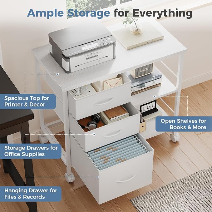 DUMOS 3 Drawer Mobile File Cabinet, Freestanding Fabric Lateral Filing Cabinet Fits A4/Letter Size, Space Saving Rolling Printer Stand with X-Frame and Open Storage Shelf for Home Office, White