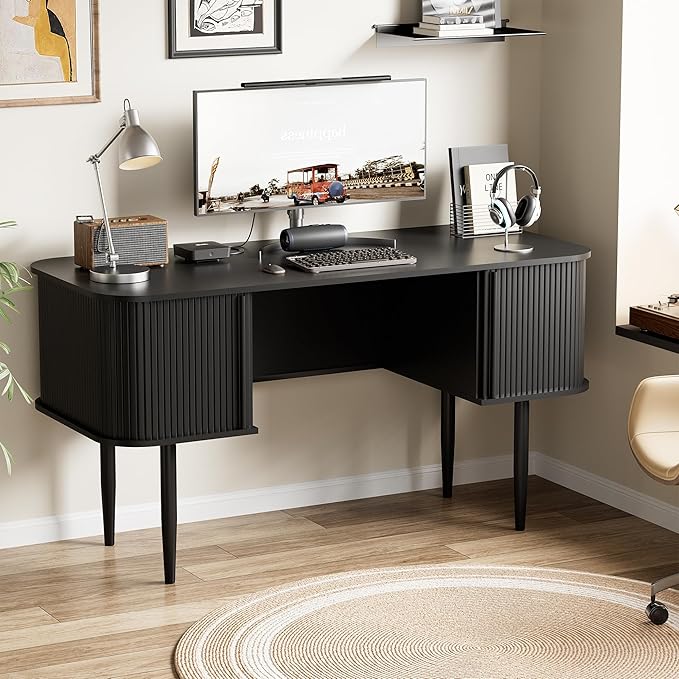 Furniway 55" Modern Writing Desk with Sliding Doors, Wood Home Office Desk with Storage, Computer Desk for Study, Living Room, Dorm, Black