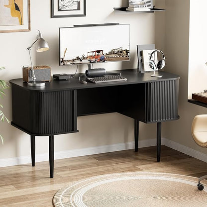 Furniway 55" Modern Writing Desk with Sliding Doors, Wood Home Office Desk with Storage, Computer Desk for Study, Living Room, Dorm, Black