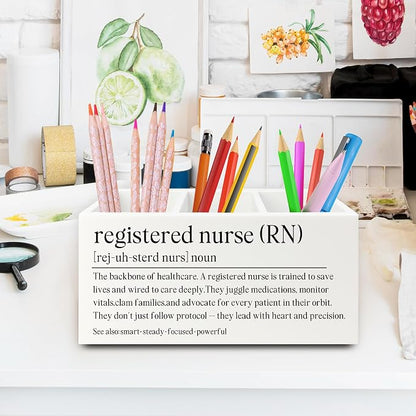 Registered Nurse Gifts Pen Pencil Holder Organizer for Desk, RN Gift for Nurses, Nurse Office Decor, Nursing Week Gifts Wooden Box Sign for Office Workplace Desk Tabletop Decorations