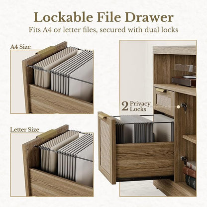 4 Drawer File Cabinet, Fluted Wood Lateral Filing Cabinet with Lock and Charging Station for Home Office, Printer Stand with Open Storage Shelves, Fits A4, Letter Size, Natural Oak