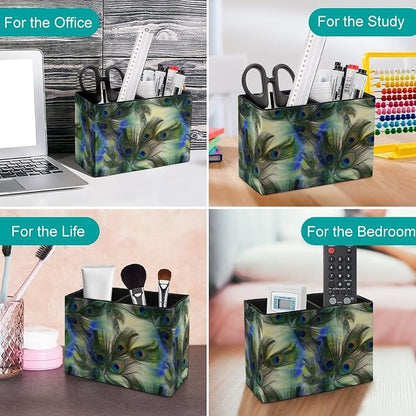 Niapessel Pencil Holder for Desk, Peacock Feathers Pen Holder Storage Desktop Pen Organizer Desk Pencil Organizer Makeup Brush Holder for Office School College Leather