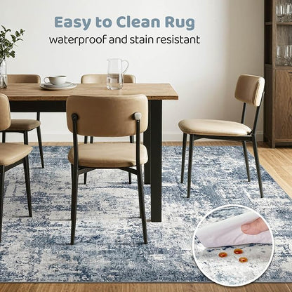 7x9 Area Rug Living Room: Washable Large Abstract Modern Soft Rug Stain Resistant Indoor Non-Slip Carpet for Bedroom Dining Room Nursery Kids Playroom Office Home House- Blue White