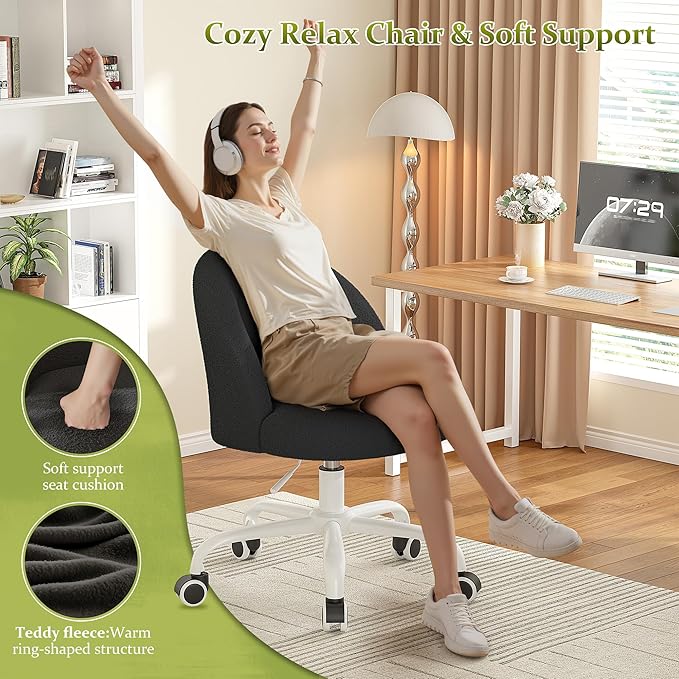 DurayLoly Vanity Chair with Back, Cute Desk Chair with Wheels, Armless Chair with Height Adjustable & 360° Swivel, Soft Lumbar Support for Small Space, Bedroom, Black