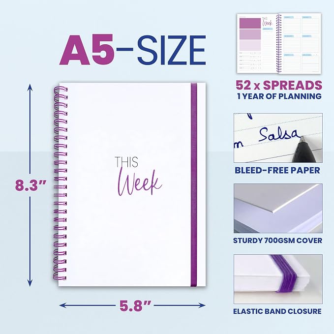 Weekly Planner Spiral Bound Notebook A5 - Undated Planner - To Do List Notebook - Habit Tracker - 52 Weeks - Daily Planner Undated for Home Work Office Business - Cute Goal Planner (Purple)