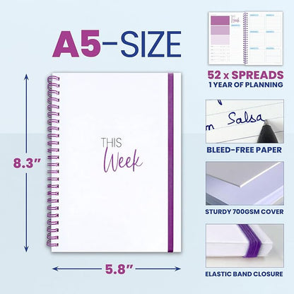 Weekly Planner Spiral Bound Notebook A5 - Undated Planner - To Do List Notebook - Habit Tracker - 52 Weeks - Daily Planner Undated for Home Work Office Business - Cute Goal Planner (Purple)