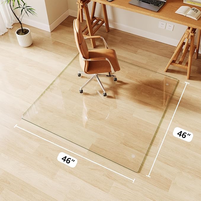 Glass Chair Mat 46" x 46" Heavy Duty Tempered Glass Office Chair Mat, Glass Floor Mat with Round Corner and Polished Edge for Smooth Glide, Office Chair Mat for Carpet, Hardwood Floor