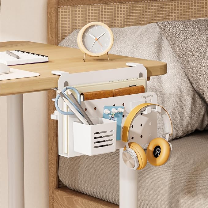 PEGZONE Desk Side Storage Organizer, No Drill Under Desk Laptop Holder, Clamp on Desks Shelf with Pegboard Accessories, Hanging Laptop Mount, Fits Flat Edge 0.4" to 2.2", White