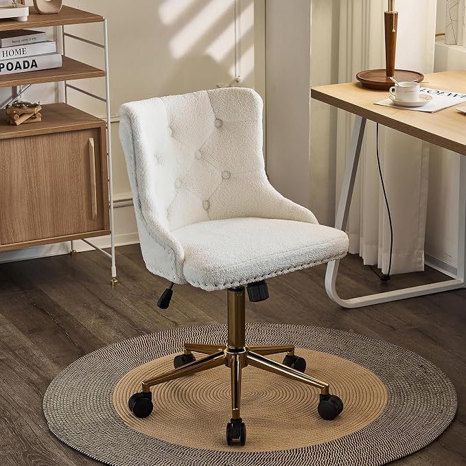 VINGLI White Teddy Fleece Armless Office Desk Chair with Gold Base/Wheels, Cute Vanity/Makeup Chair with Back for Bedroom, Upholstered Adjustable Rolling Swivel Nail Chair for Women/Girls