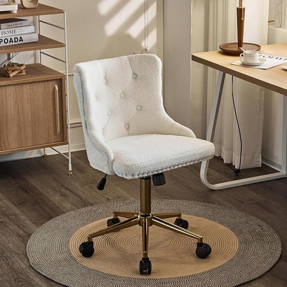 VINGLI White Teddy Fleece Armless Office Desk Chair with Gold Base/Wheels, Cute Vanity/Makeup Chair with Back for Bedroom, Upholstered Adjustable Rolling Swivel Nail Chair for Women/Girls