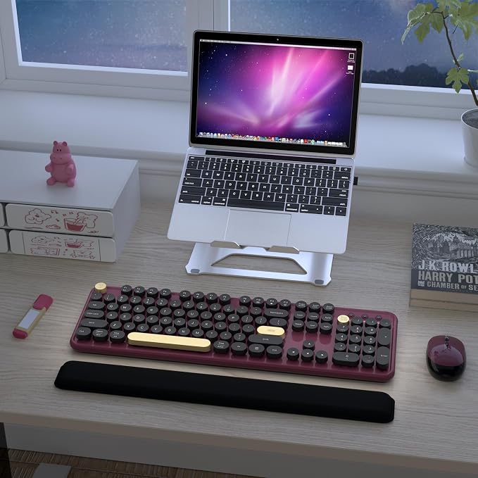 Links9+ Retro Wireless Keyboard and Mouse Combo, 104-Key Full-Size Floating Round Keycaps, 2.4G Plug & Play, USB & Type-C Ready, Ergonomic Set for Mac, Laptop, PC, Windows (Burgundy-Black)