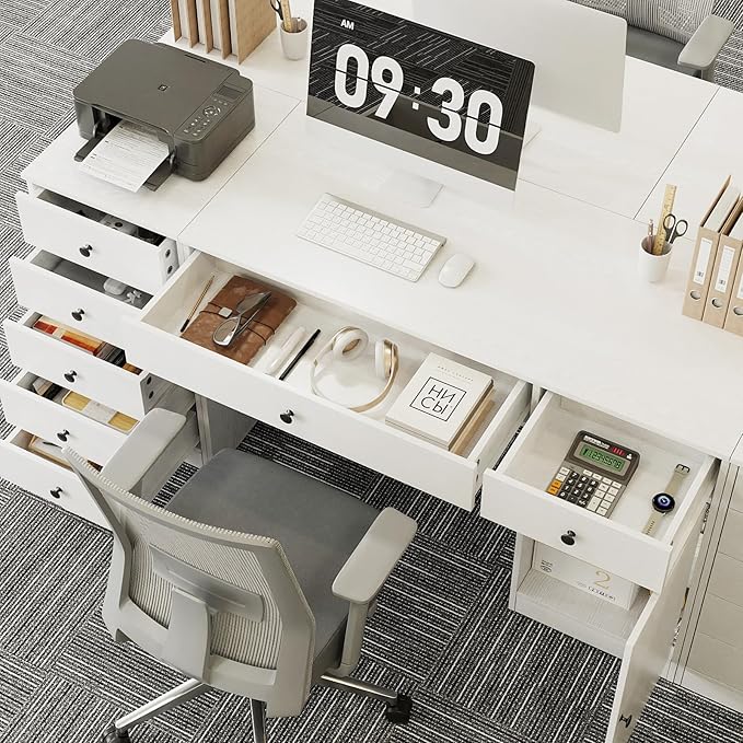TUSY Office Desk and 5-Drawer Cabinet Set, 31.5" H White Desk with Drawers, 47.24" W Executive Desks with Storage, Computer Table for Home Office, Study, Small Spaces