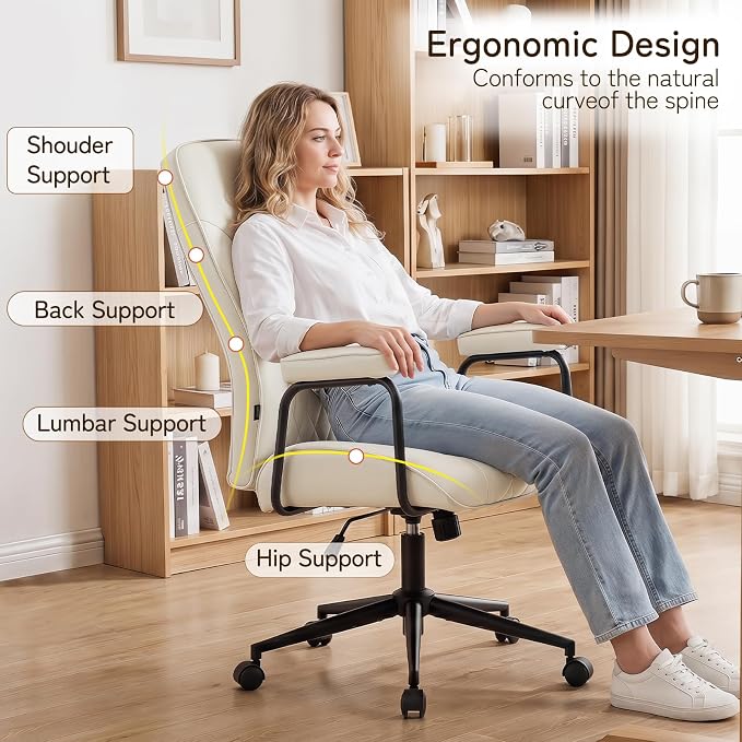 Furniliving Leather Office Chair, Comfy Home Office Desk Chair, Mid Century Modern Office Chair with Lumbar Support, Mid-Back Adjustable Swivel Computer Chair with Wheels and Arms, Cream White