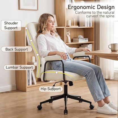 Furniliving Leather Office Chair, Comfy Home Office Desk Chair, Mid Century Modern Office Chair with Lumbar Support, Mid-Back Adjustable Swivel Computer Chair with Wheels and Arms, Cream White