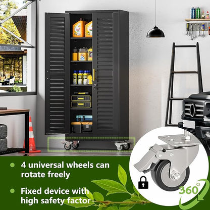 71’’H Metal Garage Storage Cabinet with Wheels, Metal Storage Cabinet with Louvered Doors, Rolling Tool Cabinet with Adjustable Shelves, Large Utility Cabinet for Office,Garage,Kitchen（Black）