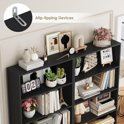 FOTOSOK 6-Tier Open Bookcase and Bookshelf, Freestanding Display Storage Shelves Tall Bookcase for Bedroom, Living Room and Office, Black Set of 2