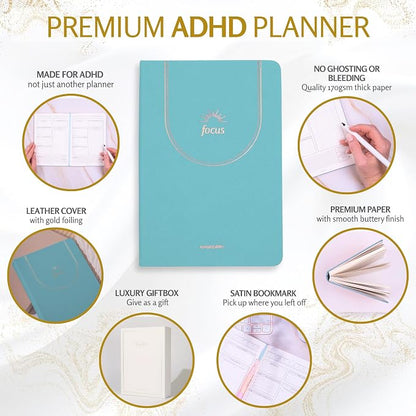 ADHD Daily Planner for Neurodivergent Adults – Premium Leather Productivity & Task Management Planner with Guided Focus Pages, 170gsm Paper, Gold Foiling & Gift Box – Undated | A5 (Teal)
