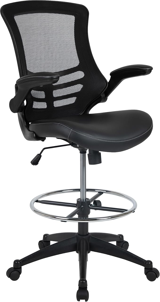 Flash Furniture Kelista Mid-Back Swivel Office Chair with Adjustable LeatherSoft Seat Height, Ergonomic Mesh Chair with Flip-Up Arms, Black