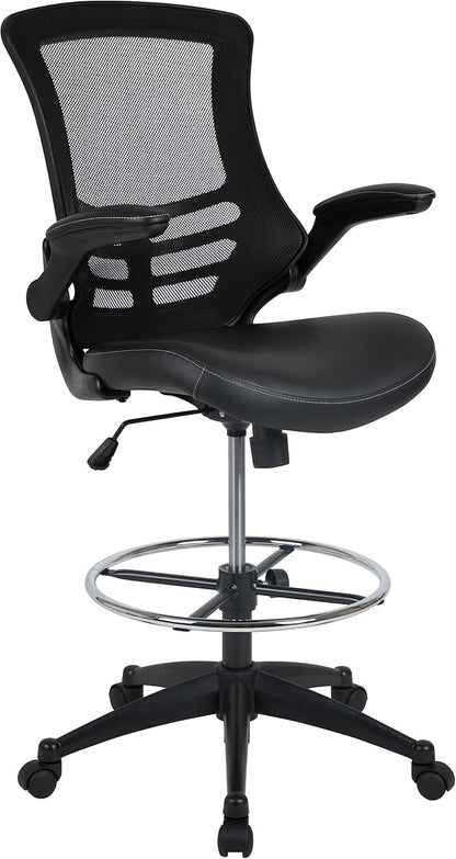 Flash Furniture Kelista Mid-Back Swivel Office Chair with Adjustable LeatherSoft Seat Height, Ergonomic Mesh Chair with Flip-Up Arms, Black