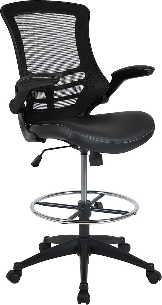 Flash Furniture Kelista Mid-Back Swivel Office Chair with Adjustable LeatherSoft Seat Height, Ergonomic Mesh Chair with Flip-Up Arms, Black