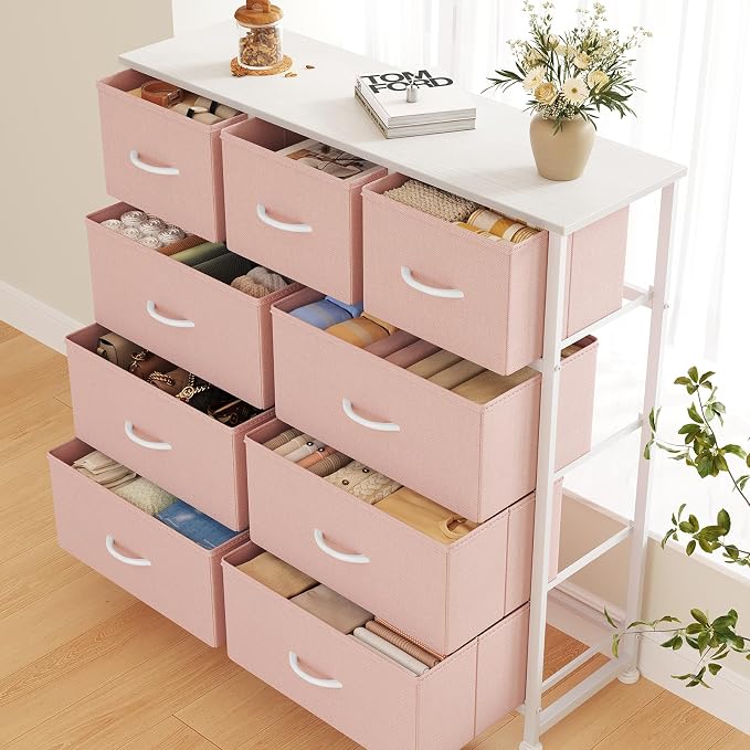 DUMOS Dresser for Bedroom, Storage Organizer with 9 Drawers, Chest of Drawers with Fabric Bins, Sturdy Metal Frame, Wood Tabletop for Guest Room, Closet, Entryway, Pink