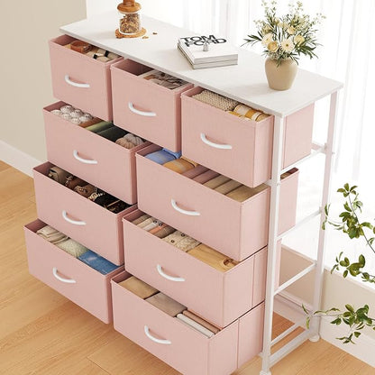 DUMOS Dresser for Bedroom, Storage Organizer with 9 Drawers, Chest of Drawers with Fabric Bins, Sturdy Metal Frame, Wood Tabletop for Guest Room, Closet, Entryway, Pink