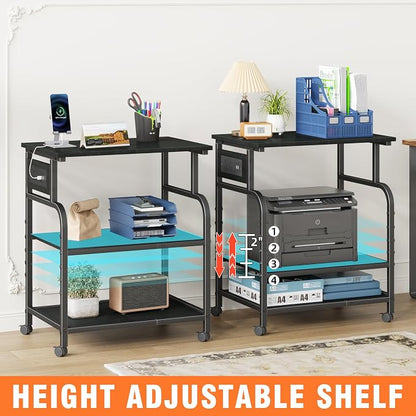 YAOHUOO 3 Tier Large Printer Stand with Power Outlet/Adjustable Shelf | 22"x15" Large Top,Fit 2-3 printers,Rolling Cart with Wheels,Table for Home Office,Fit 3D Printer/Heat Press/Laser,Black